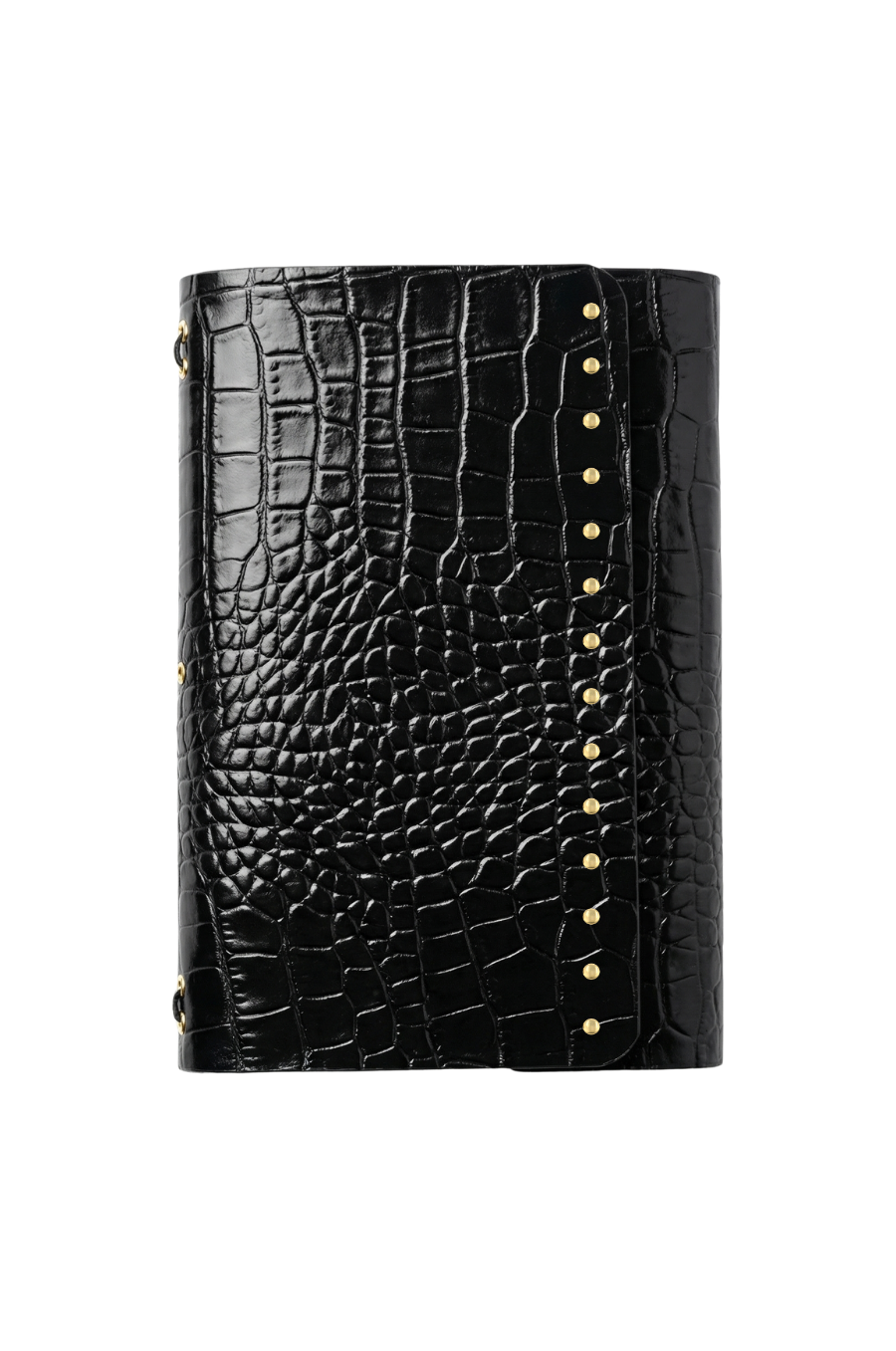 Genuine A5 leather trifold traveler's journal in Crocodile Black with studs - the detour diaries