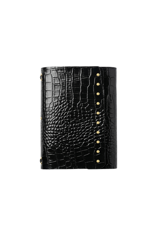 Genuine A6 leather trifold traveler's journal in Crocodile Black with studs - the detour diaries