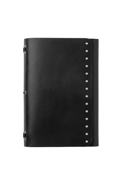 Genuine A5 leather trifold traveler's journal in Vintage Black with studs - the detour diaries